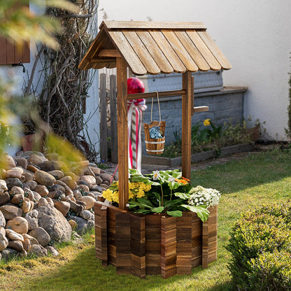 Aoxun Outdoor Wooden Wishing Well Planters with Hanging Bucket, Garden Helper, Rustic Garden Decor for Outside, Yard and Patio, Upgrade - Reinforced Base, Brown