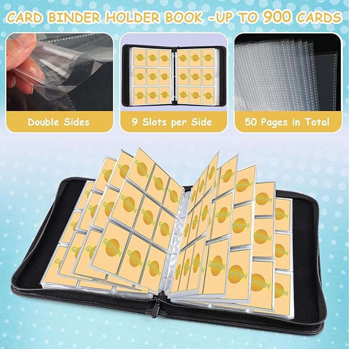 900 Pockets Round Ring Trading Card Binder, 9-Pocket Clear Zipper Card Album with Wrist Strap, Holds 900 Standard TCG & Sports Cards, Not Fit Top Loaders