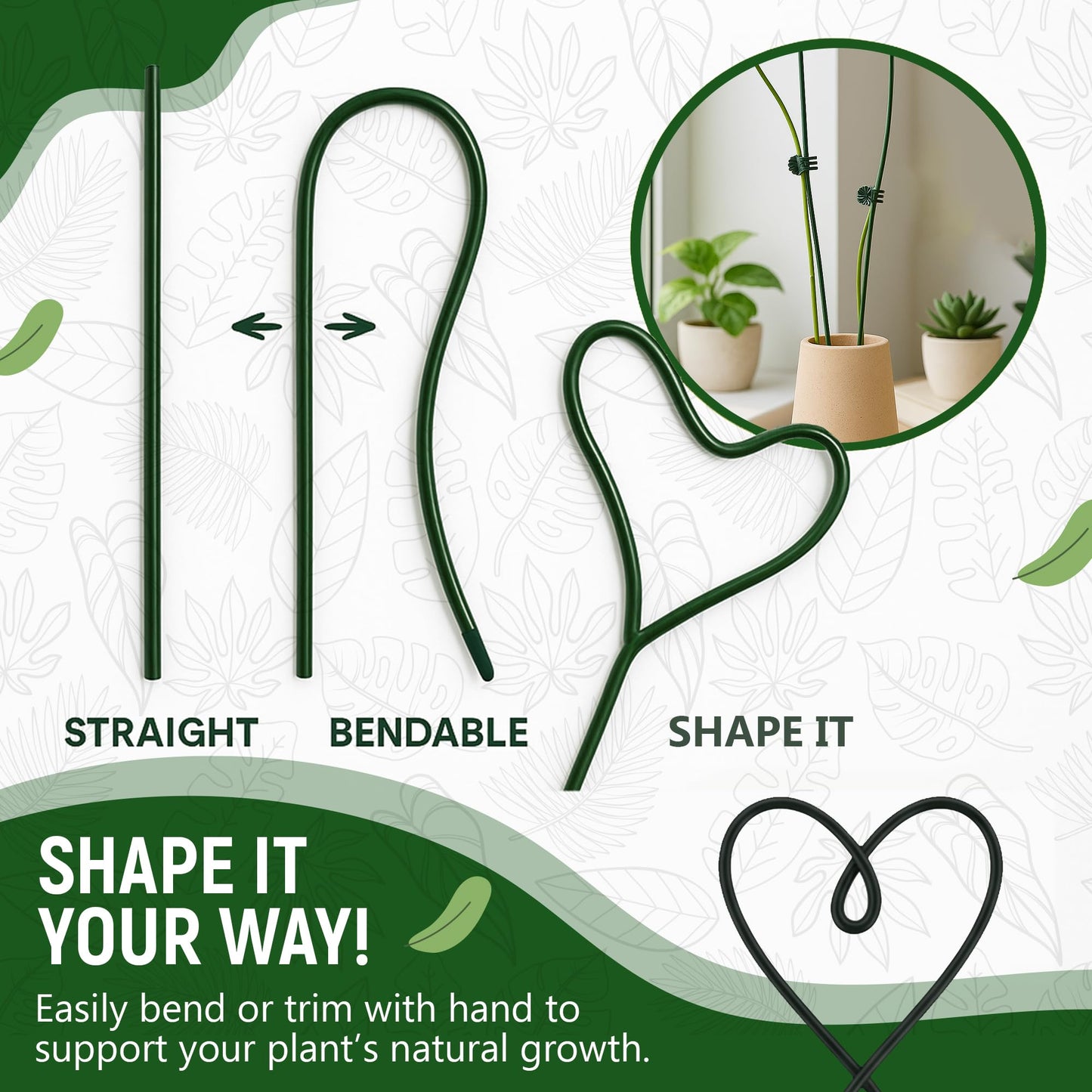 10Pcs Plant Support Stakes for Indoor Plants 16 Inches with 15 Clips, Plant Sticks for Indoor and Outdoor Plants, Tall Bendable Orchid Clips and Single Stem Flower Stakes (Green)