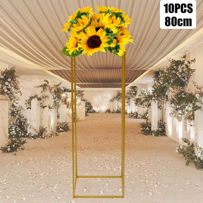 EurHomePlus 10Pcs Geometric Metal Flower Stands, 80cm Tall Gold Flower Stand Road Lead Metal Floor Vase Column, Centerpiece Stands Rectangular Display Rack for Wedding Party Decor