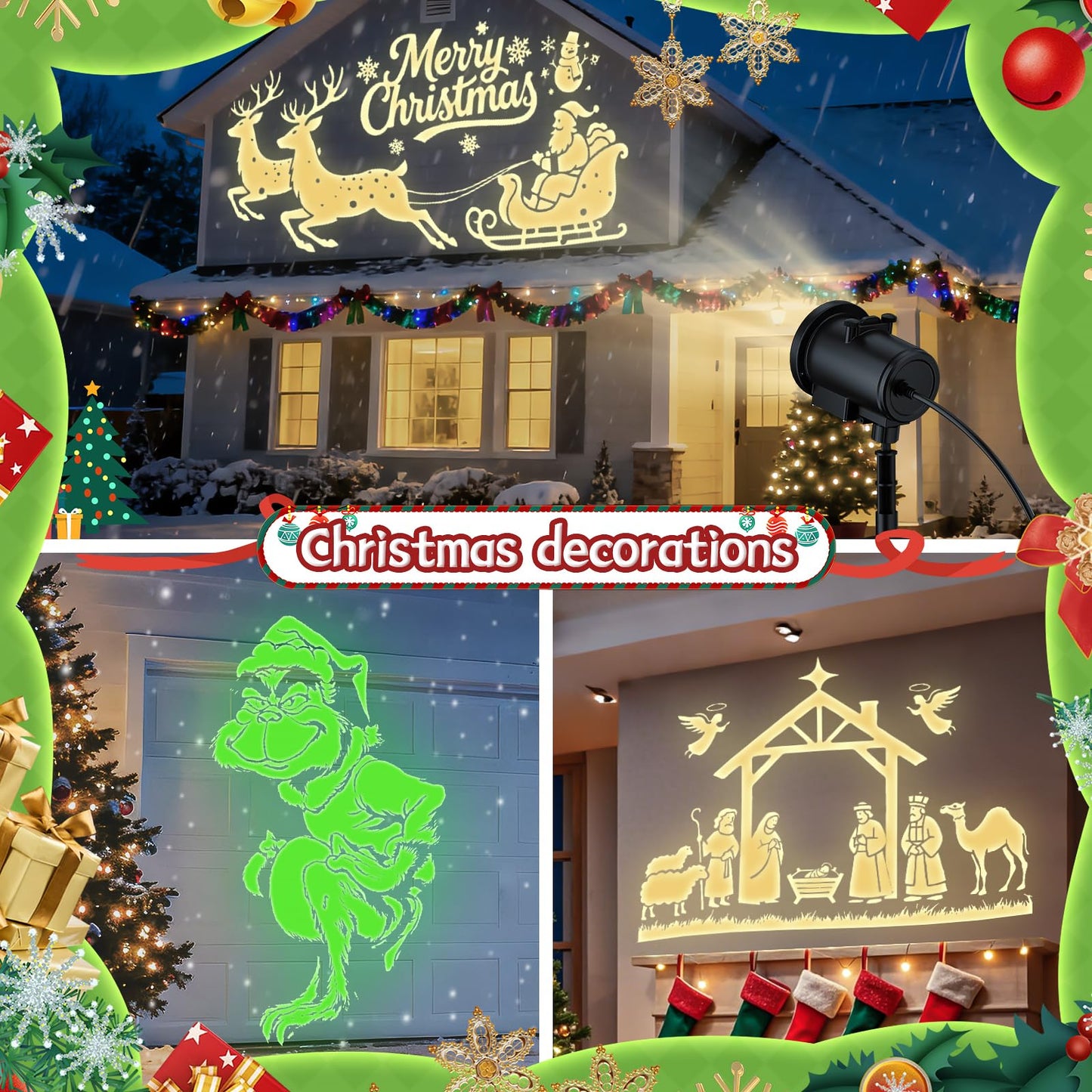 12 in 1 Christmas Projector Lights Outdoor, 3D Dynamic Santa Sleigh/Nativity/Green Monster/Ghost/Spider/Bat Christmas Decor,Night Lights for Party Home Window Wall Holiday Decor
