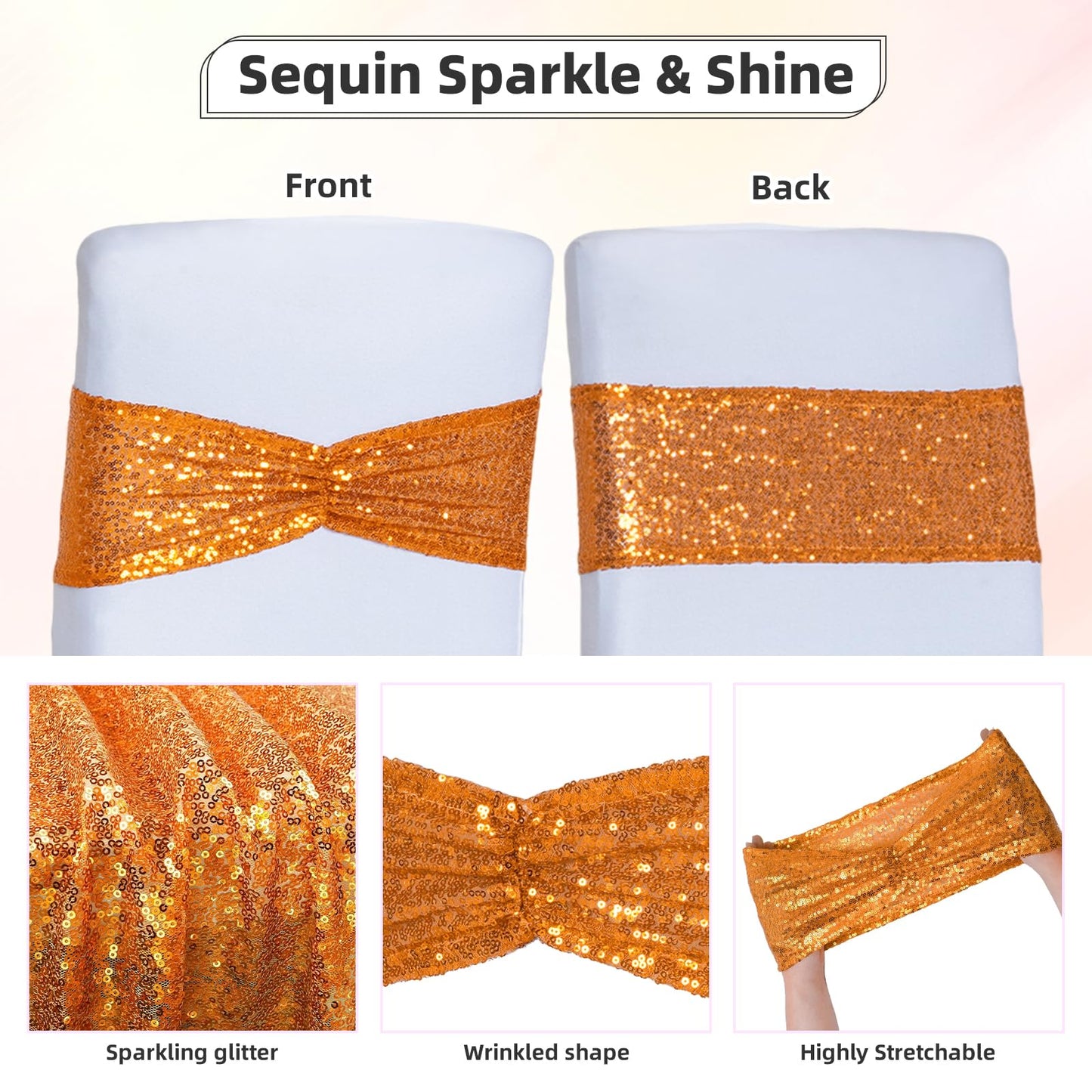 Poise3EHome Orange Sequin Chair Sashes 50 Pack,Folding Chair Cover Bands for Halloween Wedding Party Ceremony Banquet Decorations