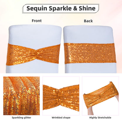 Poise3EHome Orange Sequin Chair Sashes 50 Pack,Folding Chair Cover Bands for Halloween Wedding Party Ceremony Banquet Decorations