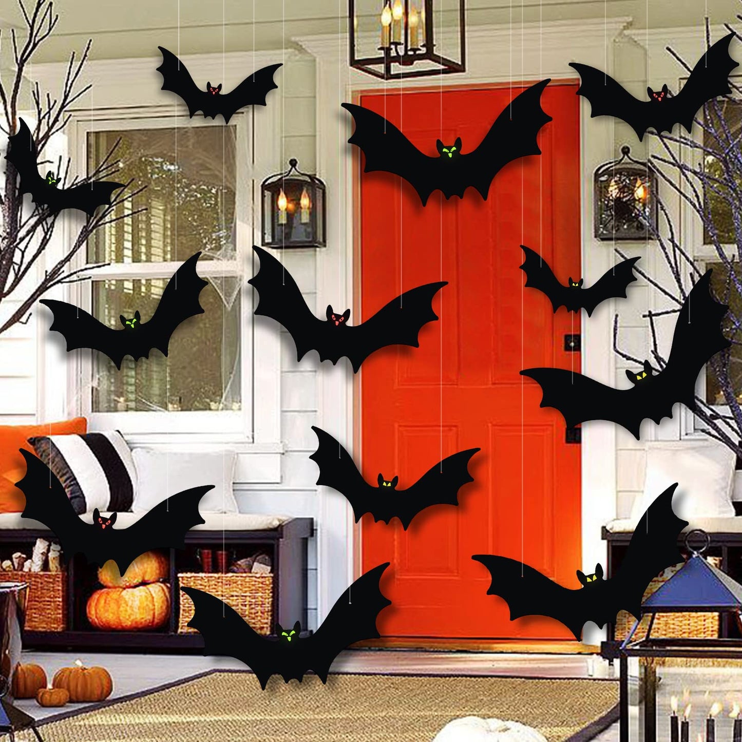 VERNILLA Hanging Bats Halloween Decorations 12pcs 3D Realistic Halloween Hanging Flying Bat with Glowing Eyes for Outdoor (3 Styles)