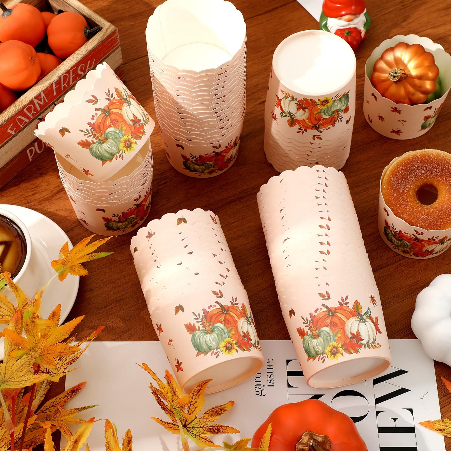 JarThenaAMCS 100 Pcs Fall Baking Cups Watercolor Orange Green White Pumpkin Maple Leaf Wrappers Cupcake Muffin Cases for Thanksgiving Autumn Party