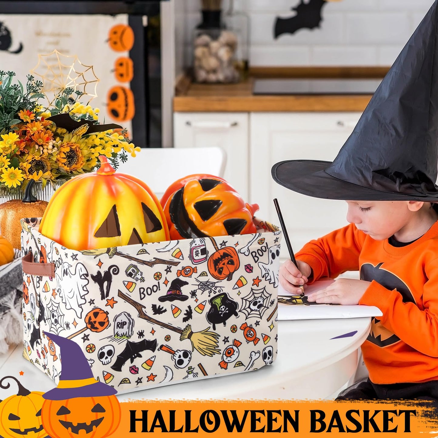 Seeloowy Halloween Ghost Basket with Handles Boo Pumpkin Bat Horror Storage Bin White Spooky Large Foldable Toy Laundry Storage for Halloween Room Car Decoration Bucket Laundry Box