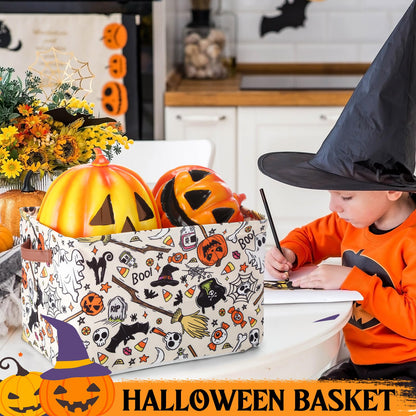 Seeloowy Halloween Ghost Basket with Handles Boo Pumpkin Bat Horror Storage Bin White Spooky Large Foldable Toy Laundry Storage for Halloween Room Car Decoration Bucket Laundry Box