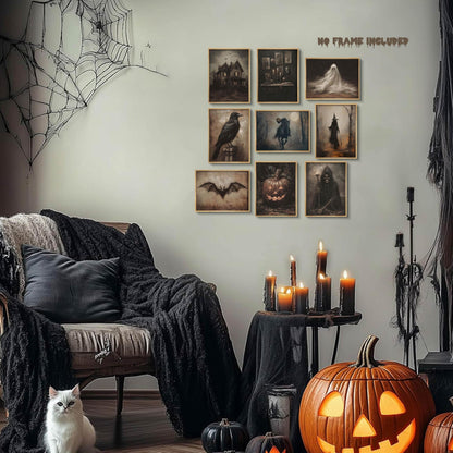 Halloween Posters Wall Art Set of 9, Dark Academia Headless Horseman Wall Decor, Gothic Moody Ghost Paintings, Spooky Witch Raven Canvas Prints Pictures for Living Room Bedroom 8x10 Inch Unframed