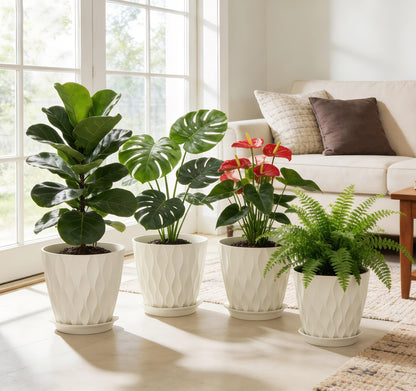 UOUZ 8 Inch Plant Pots, 4 Pack Plastic Planters for Indoor Outdoor with Drainage Holes & Saucers, Waffle Texture Flower Pots for Indoor Plants, Indoor Plant Pots for Monstera, Fiddle Leaf Fig, White