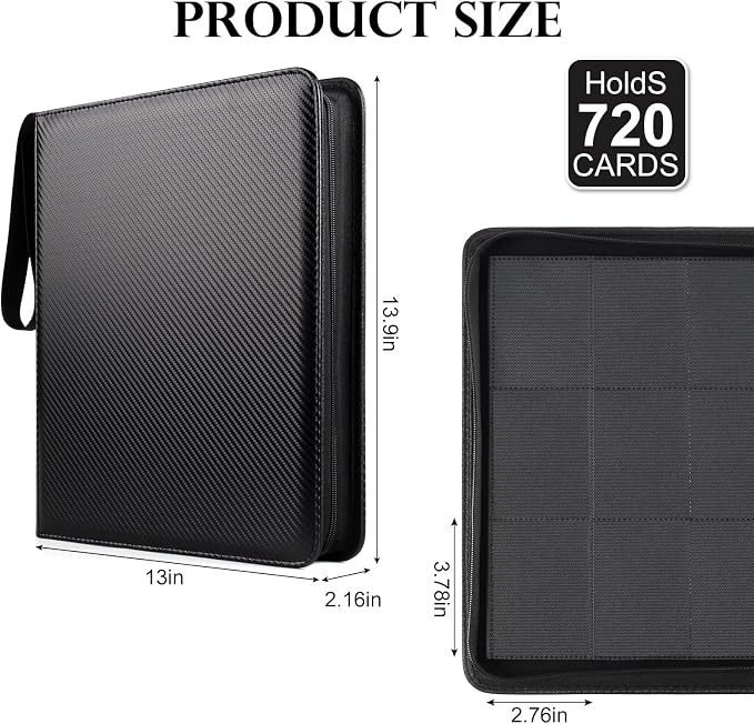 GEAoffice 12 Pocket Card Binder for 720 Cards, Premium PU Zipper Trading Card Collection Binder, Side Loading Card Album Folder for YuGiOh, MTG, TCG, Game & Sports, Non-PVC, Carbon Black