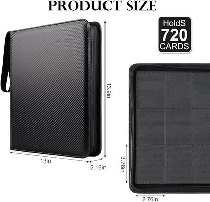 GEAoffice 12 Pocket Card Binder for 720 Cards, Premium PU Zipper Trading Card Collection Binder, Side Loading Card Album Folder for YuGiOh, MTG, TCG, Game & Sports, Non-PVC, Carbon Black