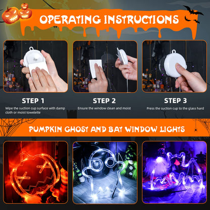 LOLStar Halloween LED Lights Decorations 2025 Orange Pumpkin White Ghost Purple Bat Window Display with Suction Cups, Battery Operated Window Decor Slow Fade Mode and Timer 3-Pack