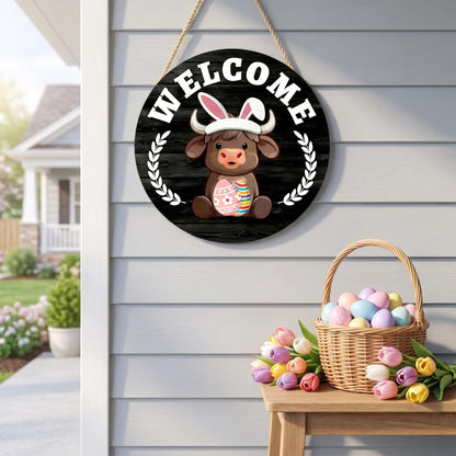 Yiranok Holiday Interchangeable Highland Cow Welcome Sign,Highland Cow Seasonal Wooden Hanging Door Decoration Front Door Decoration Gift Hanging Door Sign