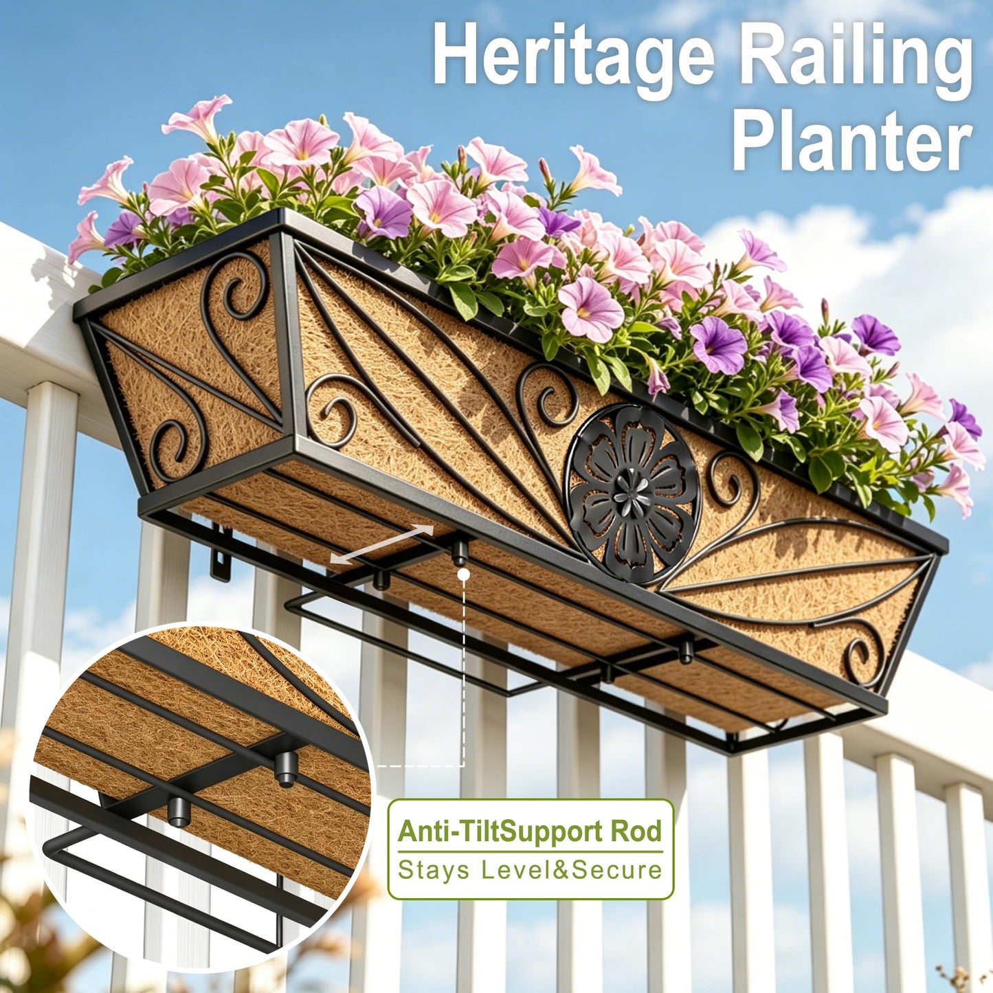 MUYEZHIYU 2 Pack 24 Inch Railing Planter Boxes with Coco Liner, Floral Scroll Metal Window Box Planters for Outdoor Plants, Black Hanging Window Baskets for Garden, Patio, Balcony Railing Decor