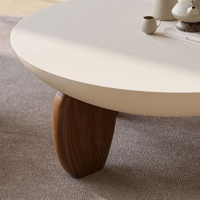 homary Round Concrete Coffee Table with Premium Walnut Ash Wood Legs, Modern Minimalist Cement Finish Center Table for Living Room (Beige, 37.4" W x 37.4" D x 14.4" H)