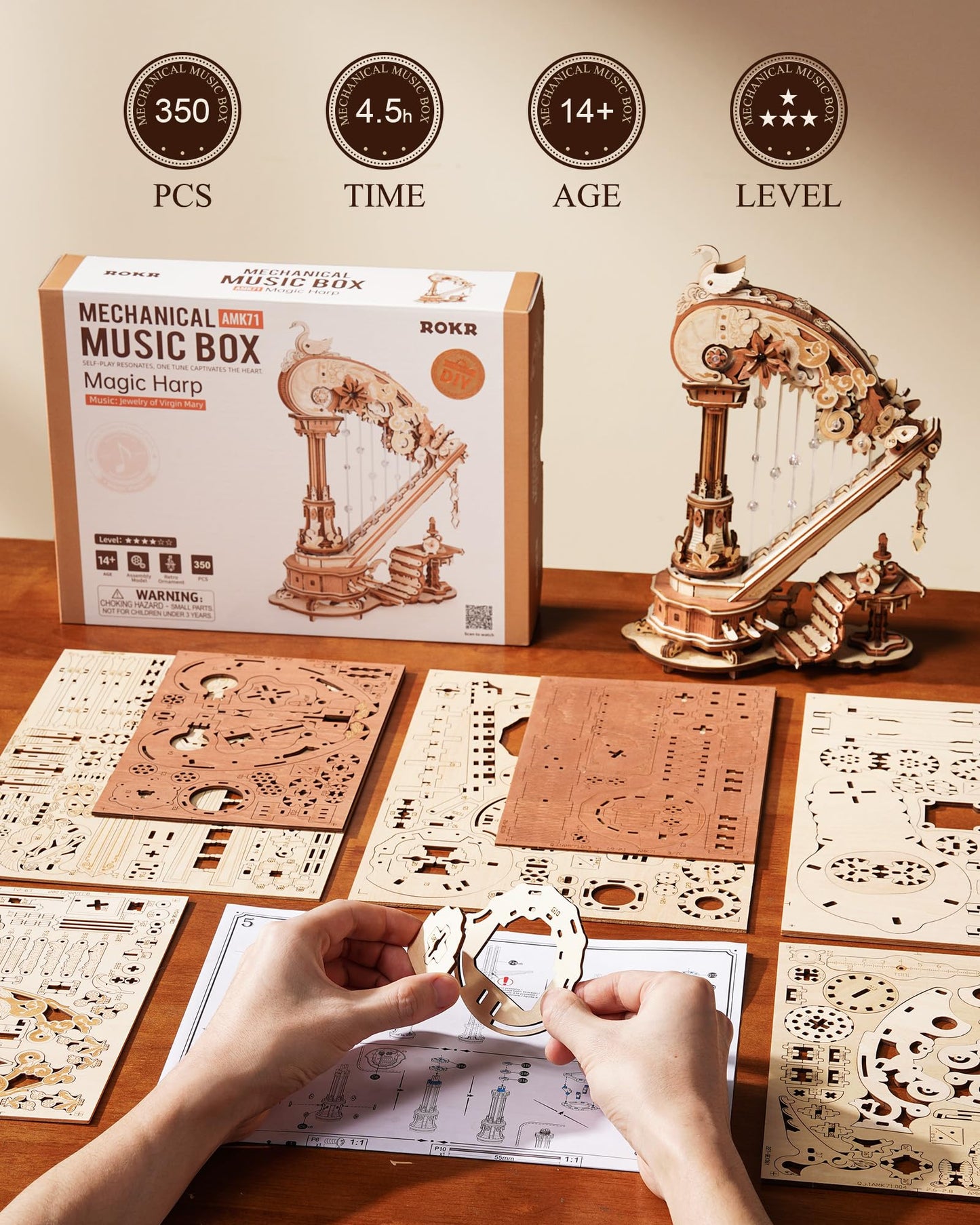 ROKR 3D Wooden Puzzles for Adults - Magic Harp Music Box, Mechanical Model Kit Self-Playing Musical Instrument, DIY Craft Kits, Home Decor & Birthday Gifts, Hobbies for Men Women