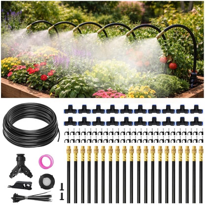 66FT Drip Irrigation System Kit Dual-Zone Garden Atomizing Watering System with 20 Copper 360° Adjustable Bendable Nozzles, Y-Splitter, Leak-Proof 1/4" Misting System for Garden Greenhouse Raised Beds