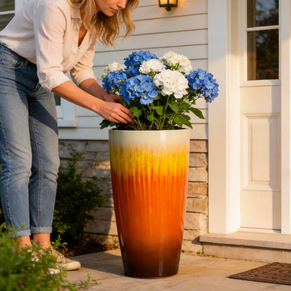 LESOASIS 21 inch Tall Planter, Set of 2 Tall Planters for Outdoor & Indoor Plants, Large Outdoor Planters for Front Porch, Patio, Garden (Orange Flowing Glaze)