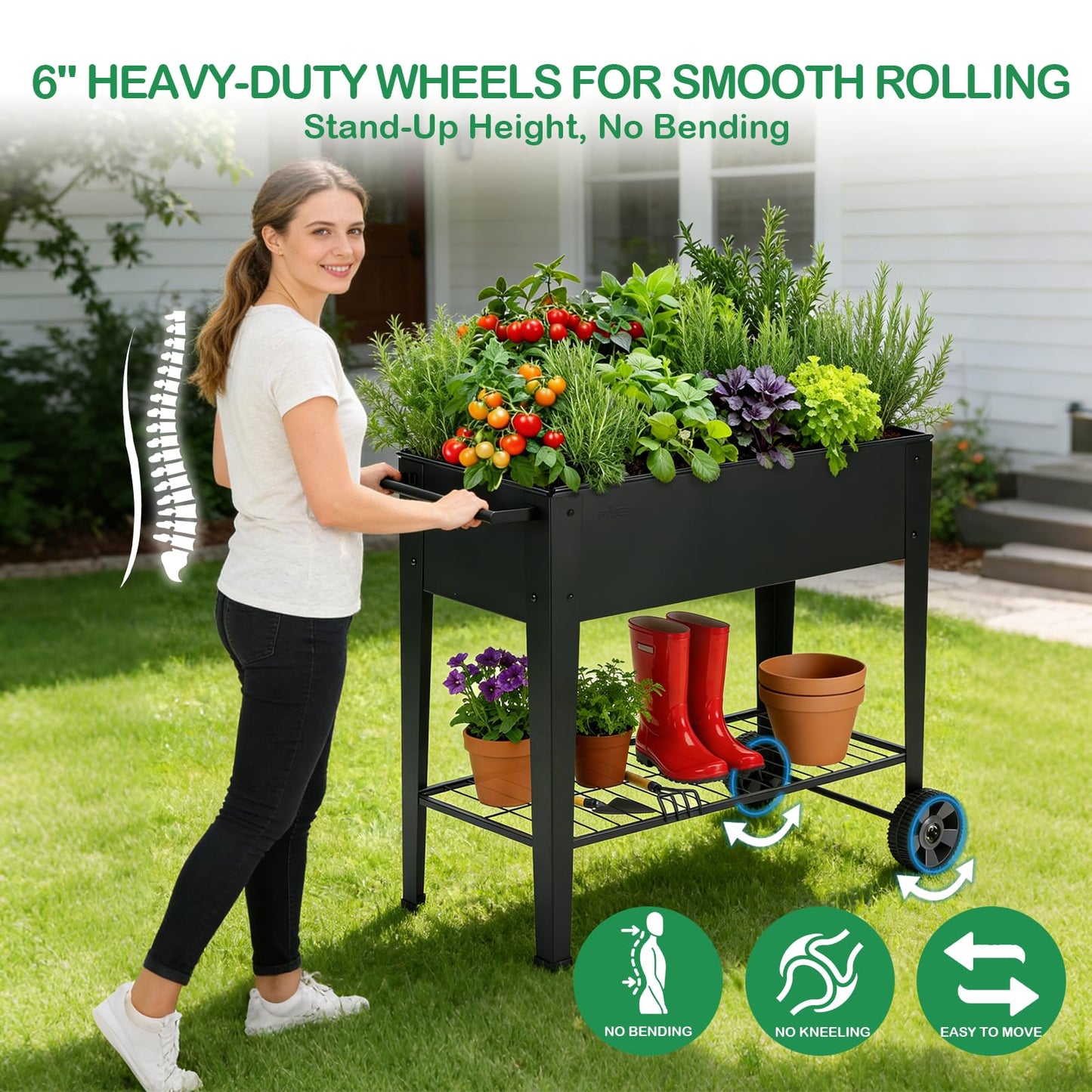 FOYUEE 31.5" Tall Raised Garden Bed with Wheels, Extra 15.7" W Planter Box (400 lbs Loads) with Storage Shelf & Handle,Heavy Duty Metal Garden Planter for Vegetables, Herbs & Flowers, Patio & Balcony
