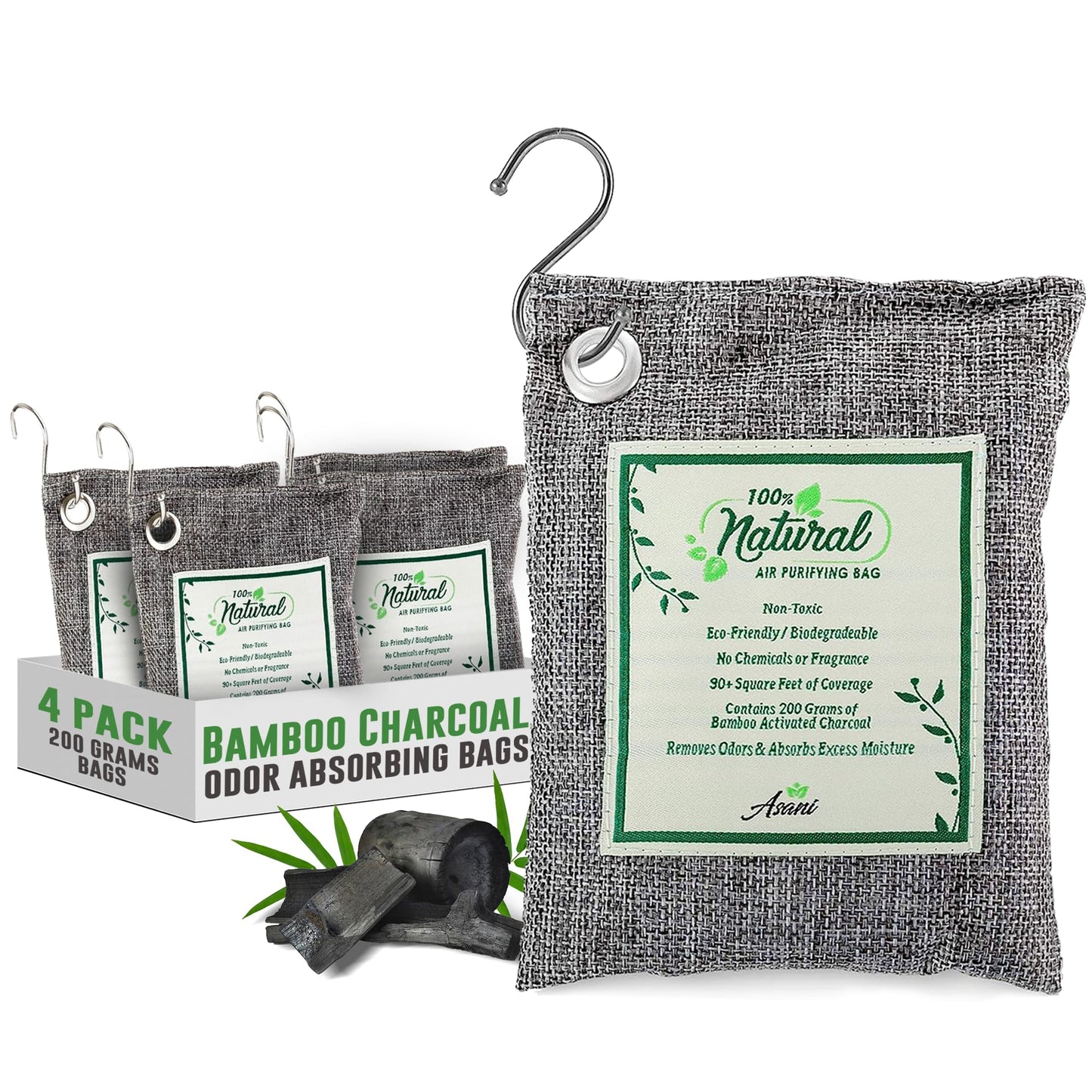 Asani Air Purifier Bags with Bamboo Activated Charcoal (Purifying Pack of 4) | Natural Air Freshener Deodorizer | Moisture Absorber and Odor Eliminators for Home, Car, Refrigerator, Closet (200g Each)
