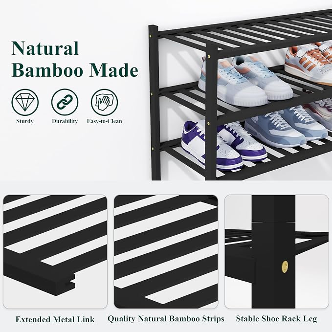 Smiry Bamboo Shoe Rack, 4 Tier Free Standing Wooden Shoe Organizer, Stackable Wood Shoe Storage Shelf for Closet, Entryway, 14 Vertical Slats, 2+2 Stack Heavy-Duty Legs, 26.8"x11"x26", Black