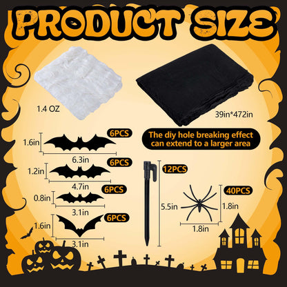 1360 Sqft Cuttable Stretchy Spider Web Halloween Decoration, Black Giant Outdoor Beef Netting Halloween Spider Webs, DIY Spooky Gauze Cobweb Fake Spiders Bats for Yard Garden Party Decor (472" x 39")