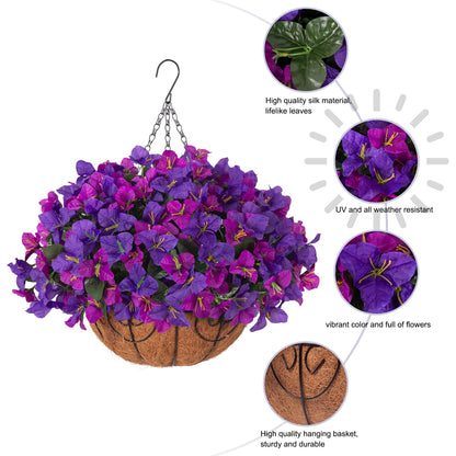 Artificial Hanging Flowers Plant with Basket for Outdoors Spring Decor, Fake Hanging Plants Faux Bougainvillea in Planter Look Real UV Resistant Silk Flowers for Outside Porch Patio Garden Home, Mix