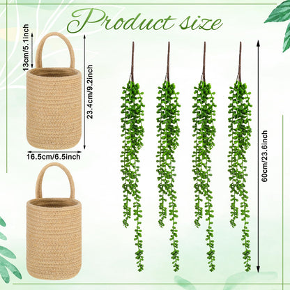 Umigy 2 Pack Wall Hanging Rope Baskets with 4 Pcs Faux Strings of Pearls Plant Jute Hanging Basket with Artificial Succulents for Porch Living Room Bedroom Entryway Patio Outdoor Decoration