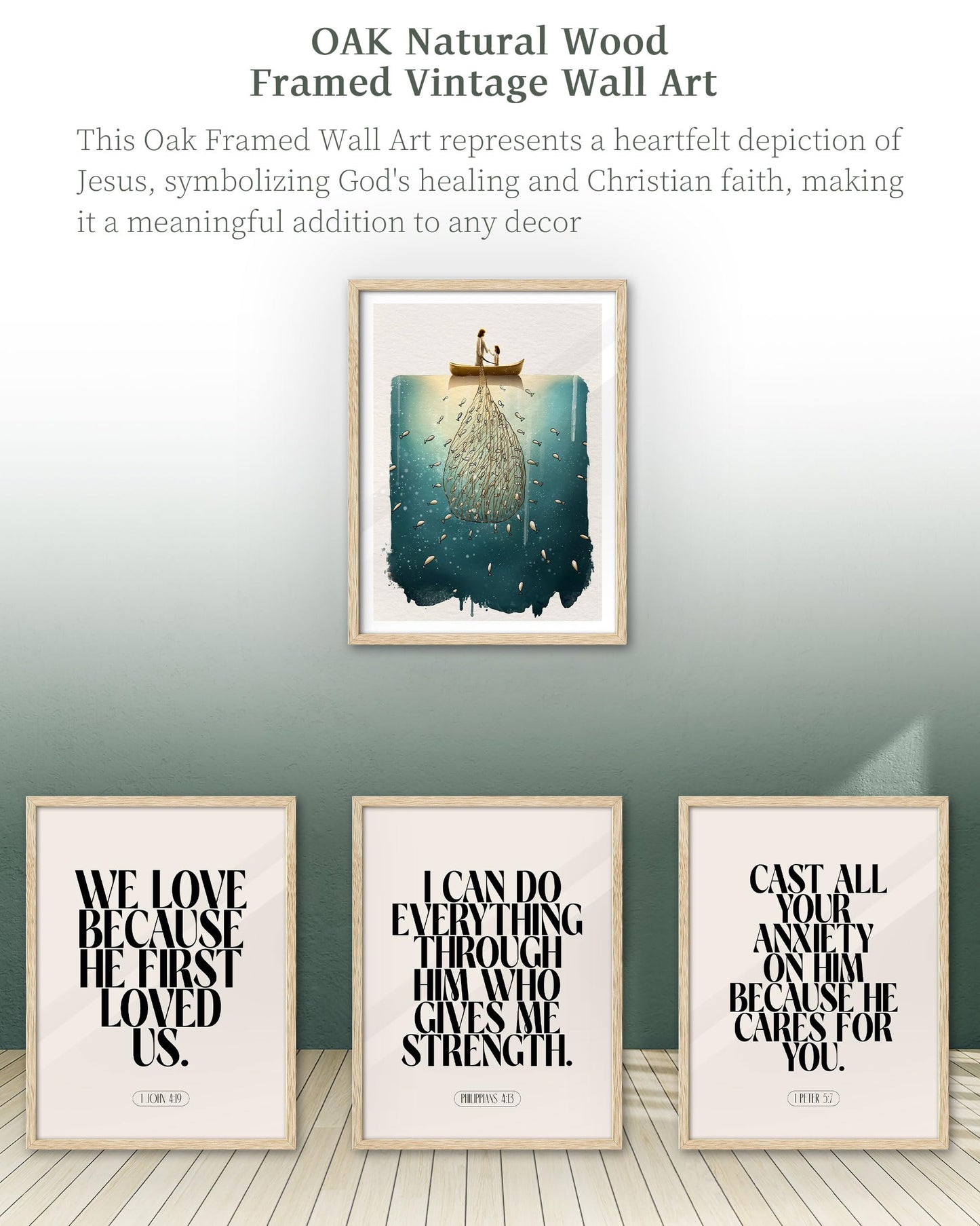 iHery Natural OAK Wood Jesus and Peter Walk on Water Framed Wall Art, 12x16 in Modern Sketch Bible Verses Canvas Art Decor, Beige Logs Boho Scripture 1Pack for Living Room Bedroom