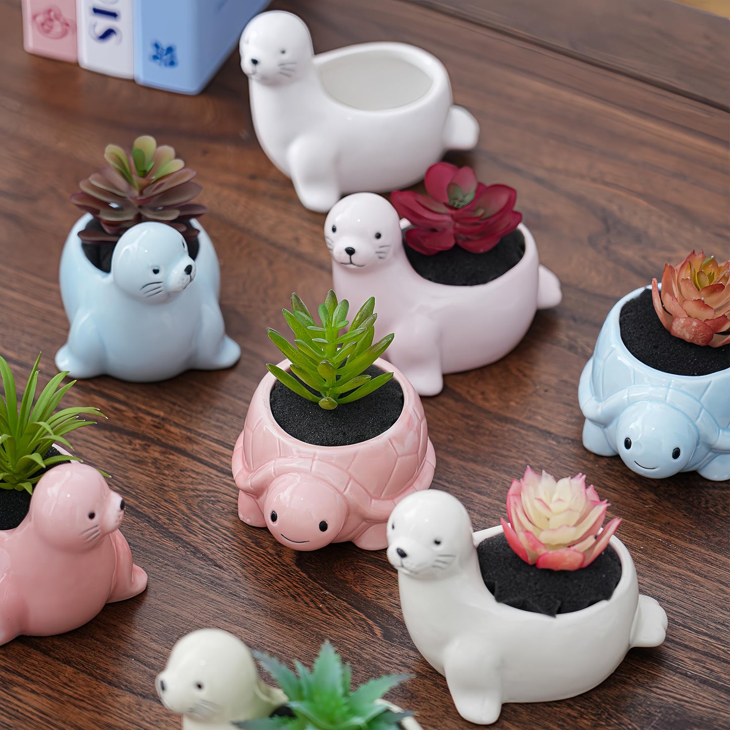 SJBAG Turtle Shaped Ceramic Succulent Planter with Drainage Holes, Hand - Painted Animal Pot for Indoor Cactus & Succulents, Unique Home Decor & Gift (4.3" Blue)