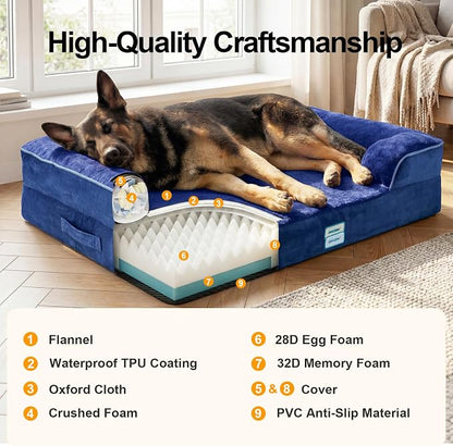 OhGeni Orthopedic Dog Bed Couch Big Cat Sofa for Extra Large Sized Pets with Memory Foam, Machine-Washable Waterproof Removable Cover, Soft Comfortable Fabric, 44-inch (Blue)