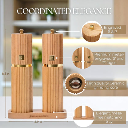 Wooden Salt and Pepper Grinder Set – Refillable Beechwood Salt & Pepper Mills with Gold Accents, Adjustable Ceramic Mill, Matching Wood Stand – Premium Kitchen Gift Set