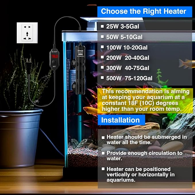 Aquarium Heater 100W, Submersible Fish Tank Heater with LED Digital Display, Auto Power-Off When Leaving Water & High Temp Protection, for Fresh and Salt Water Tanks 10-20 Gal