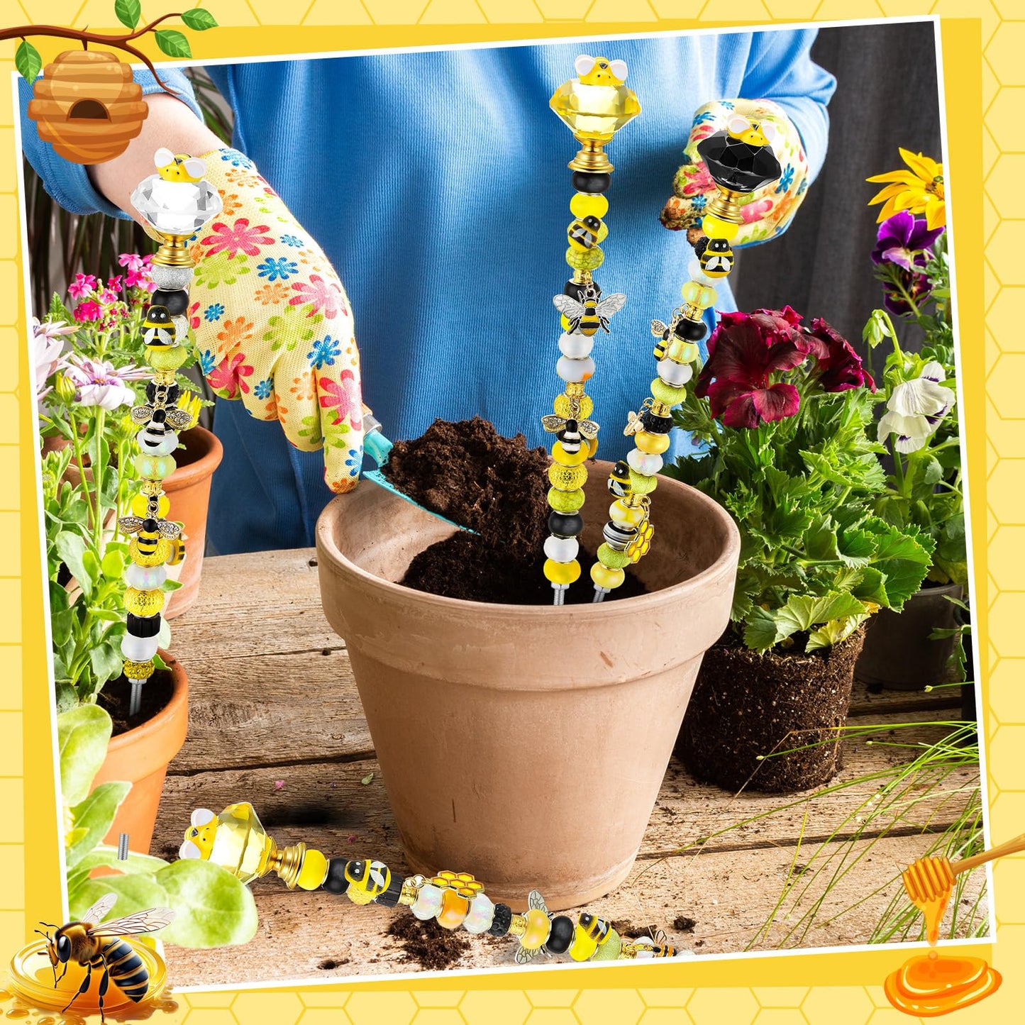 Lineshading 118 Pcs Bee Garden Stakes Fairy Wand DIY Beaded Stakes Garden Decor Includes 4 Crystal Stopper Top 10 Bee Pendant 68 Large Hole Beads 4 Threaded Rods 4 Pcs Nuts, for Craft Supply