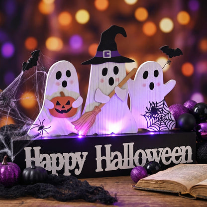 Valery Madelyn Halloween Decorations with Purple LED Lights, Lighted Halloween Ghost Decor, Tabletop Sign with Witch Hat Broom Bats Jack O Lantern for Home Party Indoor, 12 Inch