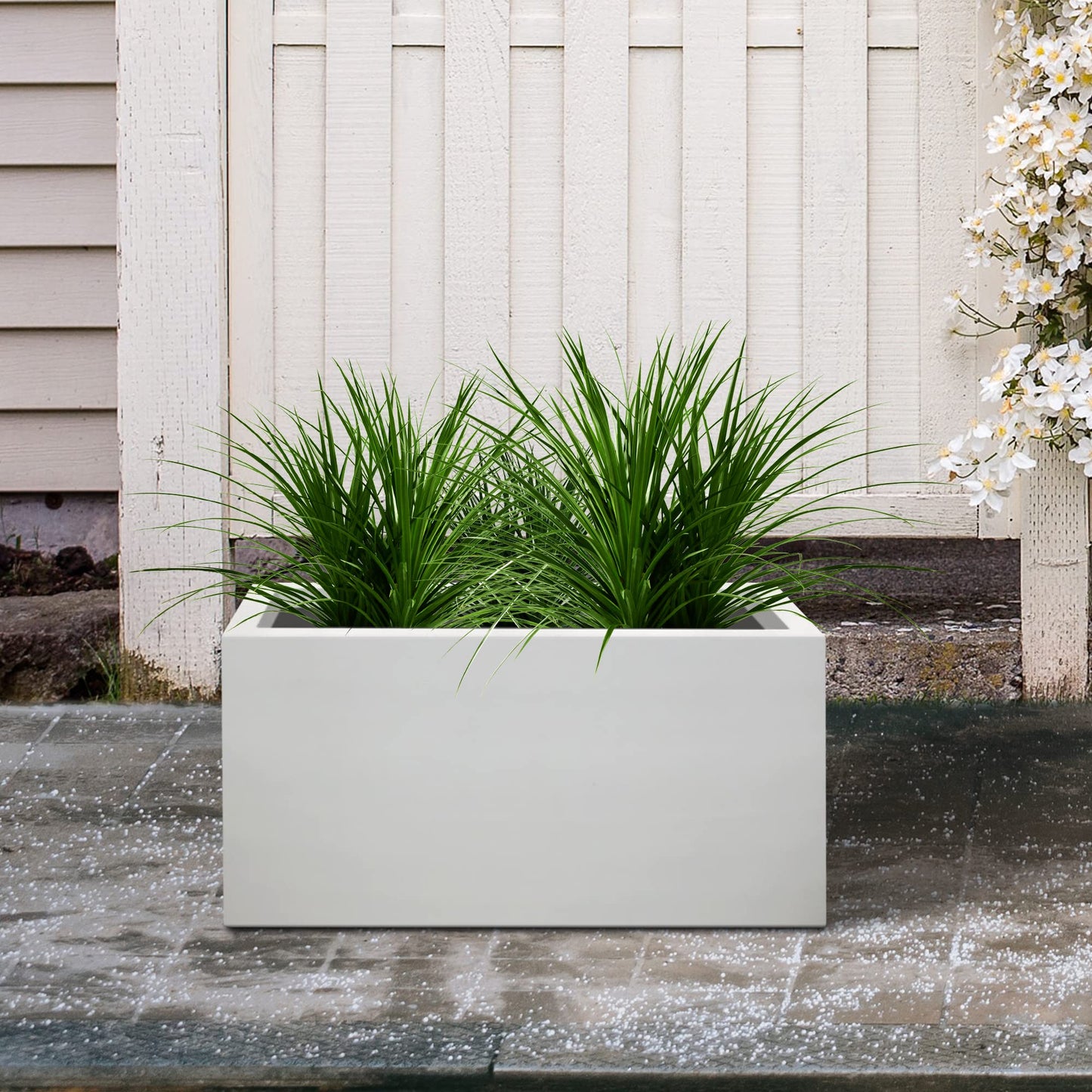 Kante 23.6" L Rectangular Concrete Planters, Outdoor Indoor Modern Plant Pot with Drainage Hole and Rubber Plug for Garden, Patio, Pure White Finish