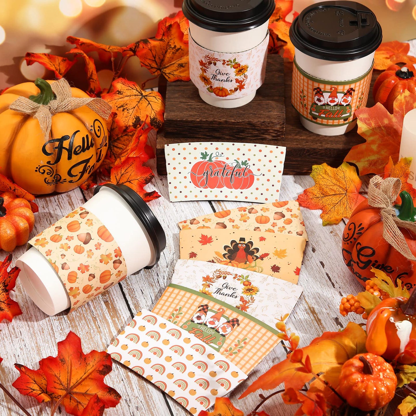 Patelai 36pcs Thanksgiving Coffee Cup Sleeves Double Layer Harvest Gnome Pumpkin Turkey Paper Sleeves Fit 12 and 16oz Disposable Paper Cup for Hot Chocolate Coffee or Cold Beverage