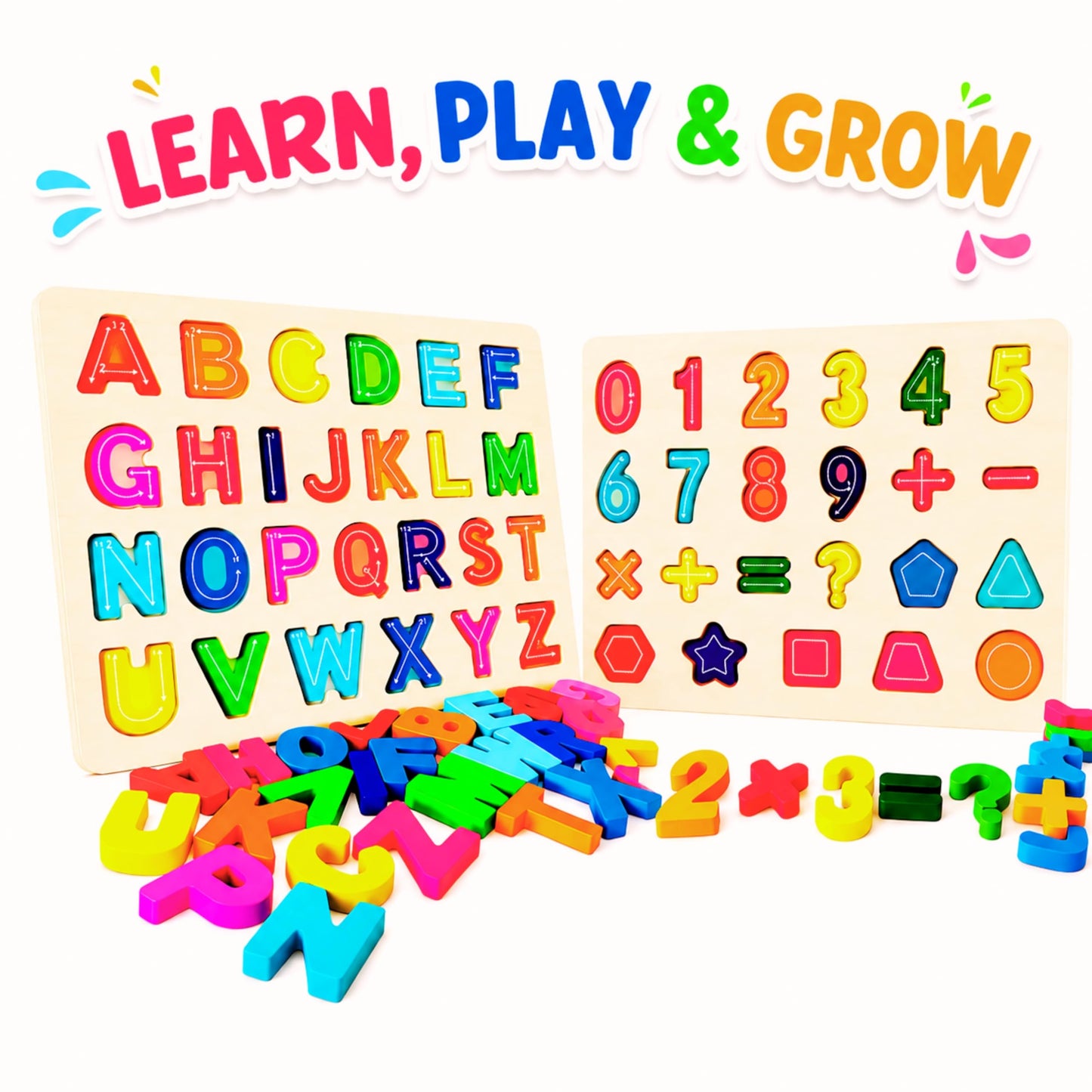 5-in-1 Wooden Puzzles for Toddlers 3-5 | Montessori Alphabet Number Shape Learning Toys | Magnetic Whiteboard, Flashcards & Markers | Preschool Educational Activity Kit | VYN & VYN (Rainbow)