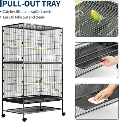 60" H Large Bird Cage, Rolling Bird Cage with Storage Stands, Feed Bowls, Wide Flight Parakeet Cage for Macaw, Parakeets, Conures, Cockatiel, Cockatoo
