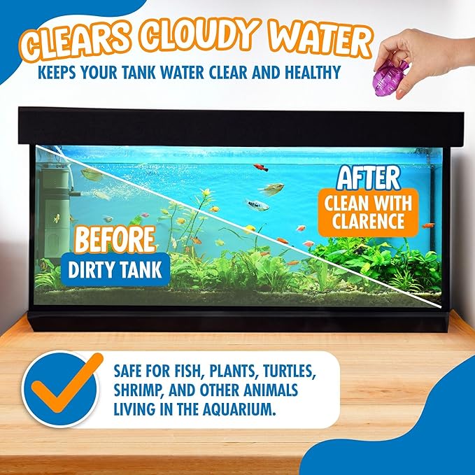 Clarence the Clarifier Fish - 2 pk, Purple-Orange - Aquarium Treatment, Clear Cloudy Fresh-Saltwater, Fish Safe, 10gal Tank Maintenance Ea