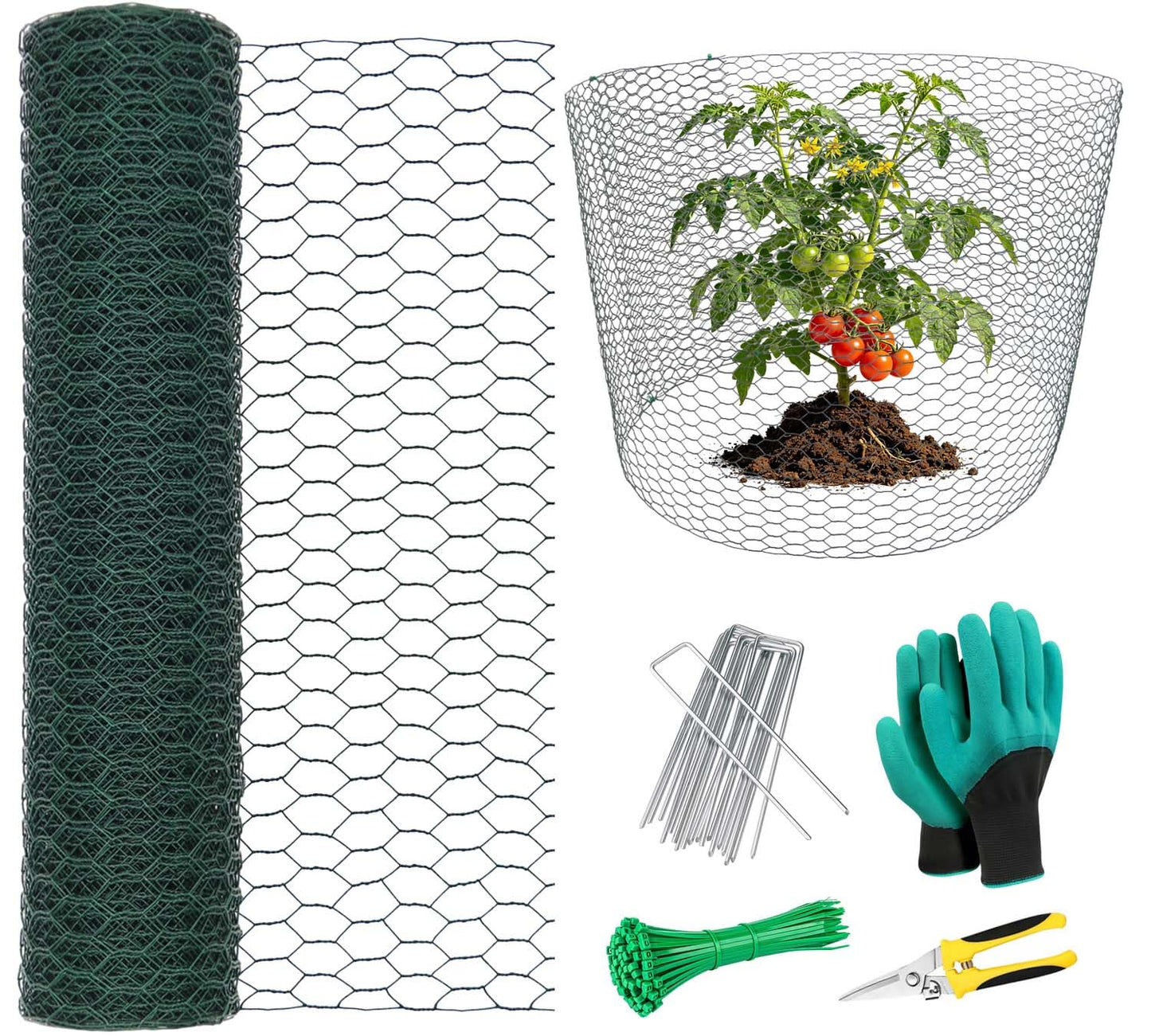 32.8Ft x 16In Plant Protectors from Animals, Wire Plant Protector Cage, Metal Chicken Wire Fence for Garden Plant Protection Guards from Rabbits Squirrel Deer, with Stakes, Zip Ties, Gloves & Pliers