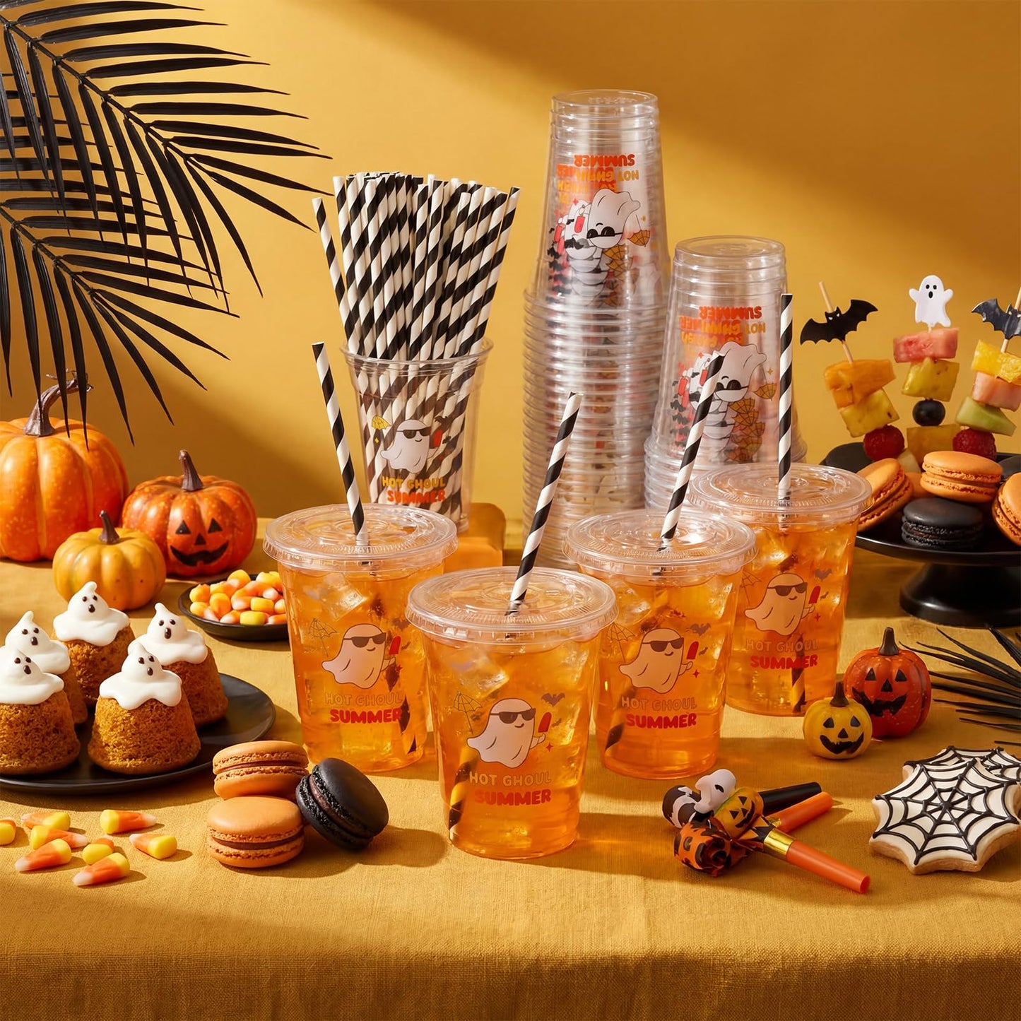 Vesici 60 Pcs Summer Party Disposable Plastic Cups with Straws 12oz Cute Ghost Clear Party Cups with Lids Hot Summer Ghoul Halloween Drinking Glasses Supplies for Birthday BBQ Bachelorette Pool