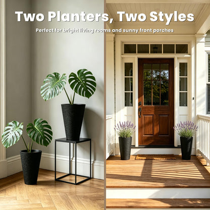 Kante 2 Pack 13 Inch Tall Planters, Modern Minimalist Textured Black Plastic Planter Pots with Drainage Holes, Detachable Inner Pot & Handle, Lightweight Outdoor Indoor Planters for Patio Garden