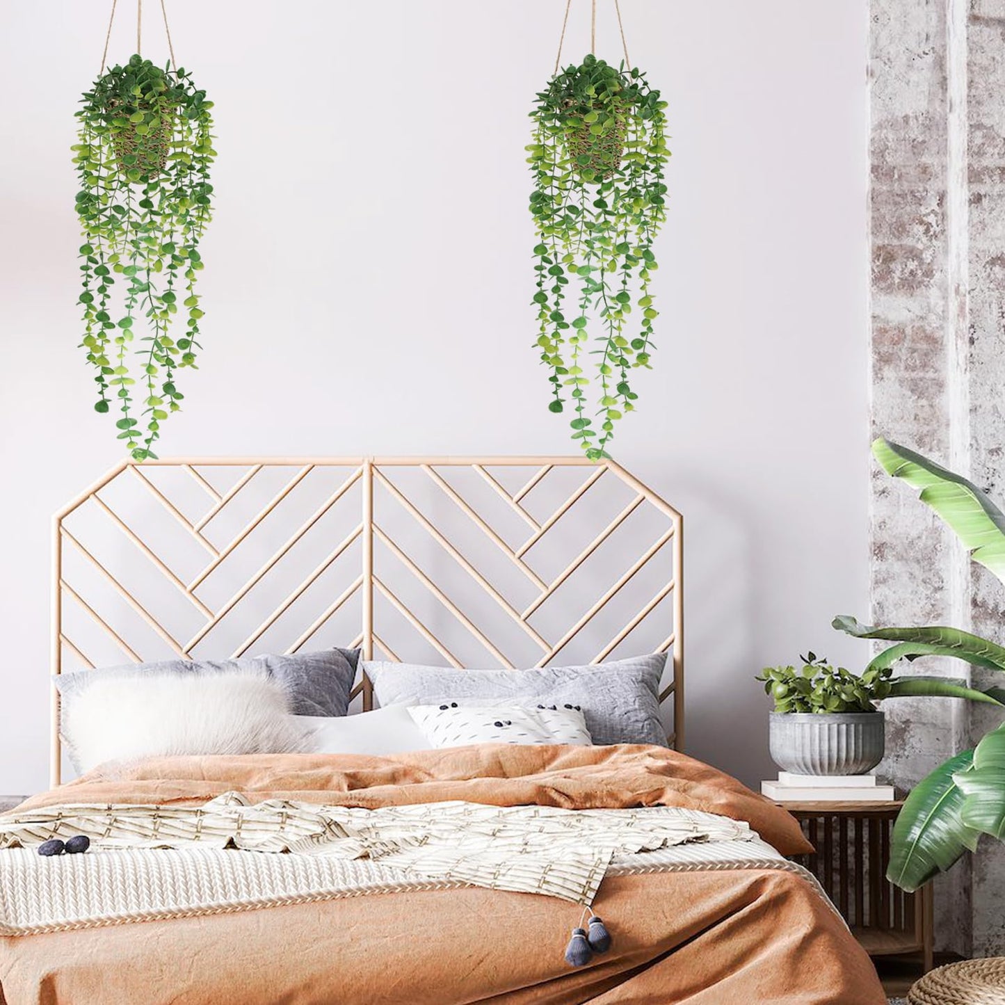 Nisoger Fake Hanging Plant with Woven Basket, 2 Pack Artificial Hanging Plants, Faux Vines Eucalyptus Leaf Hanging Pot Plant for Wall Home Room Indoor Outdoor Bedroom Bathroom Office Decor