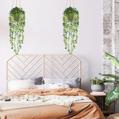 Nisoger Fake Hanging Plant with Woven Basket, 2 Pack Artificial Hanging Plants, Faux Vines Eucalyptus Leaf Hanging Pot Plant for Wall Home Room Indoor Outdoor Bedroom Bathroom Office Decor