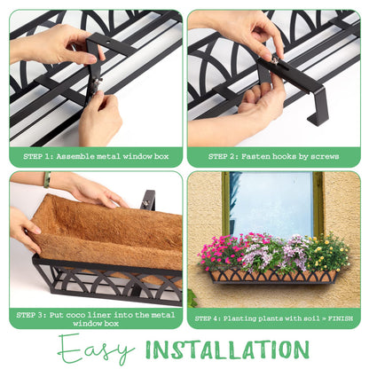 WIMART Window Box Railing, 36 Inch Black Metal Hanging Flower Planter Basket with Coco Liner for Outdoor Balcony Porch Fence Patio for Home, Office and Hotel (Black - 2 Pcs/Set)