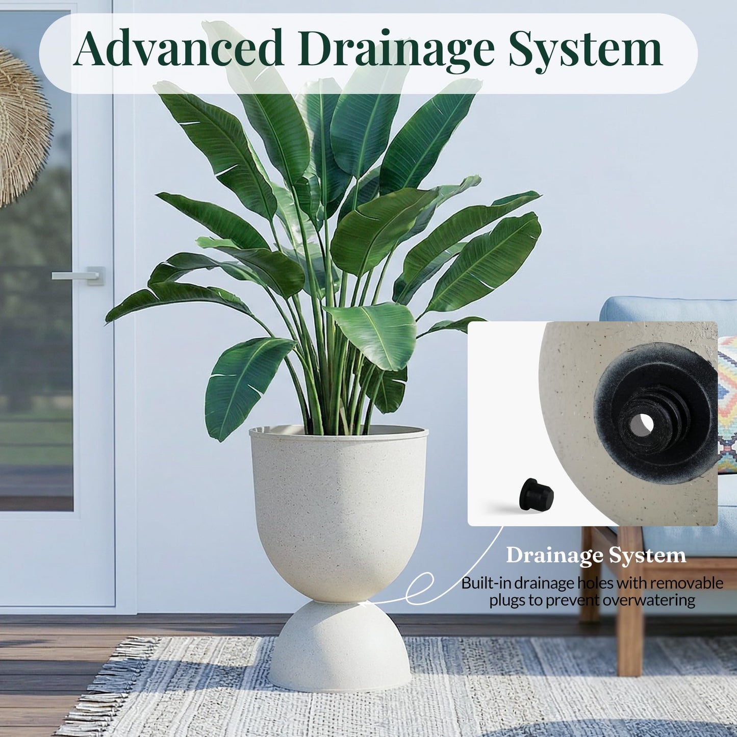 KOL Planters Flower Pots, Plastic Urn Planters for Indoor Outdoor Plants, Beige Pedestal Planter Pots 2 Pack, 15 Inch Tall Decorative Planters with Drainage Holes & Plugs for Front Porch Patio Garden