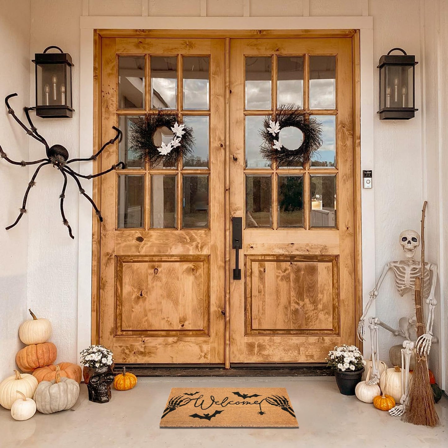 Halloween Welcome Coir Doormat 17"x30", Outdoor Front Door Mat with Bats Skeleton Hands and Spider Design, PVC Non Slip Backing, Fall Halloween Welcome Mat for Front Porch Entryway Decor