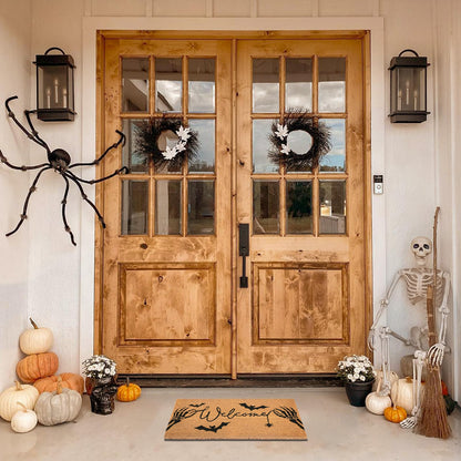 Halloween Welcome Coir Doormat 17"x30", Outdoor Front Door Mat with Bats Skeleton Hands and Spider Design, PVC Non Slip Backing, Fall Halloween Welcome Mat for Front Porch Entryway Decor