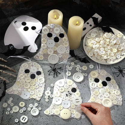 CraftyDream 12 Set Halloween Ghost Craft Kit Buttons Boo Halloween Ornament Craft Hanging Decoration for Horror Theme Party Favor DIY Home Activities